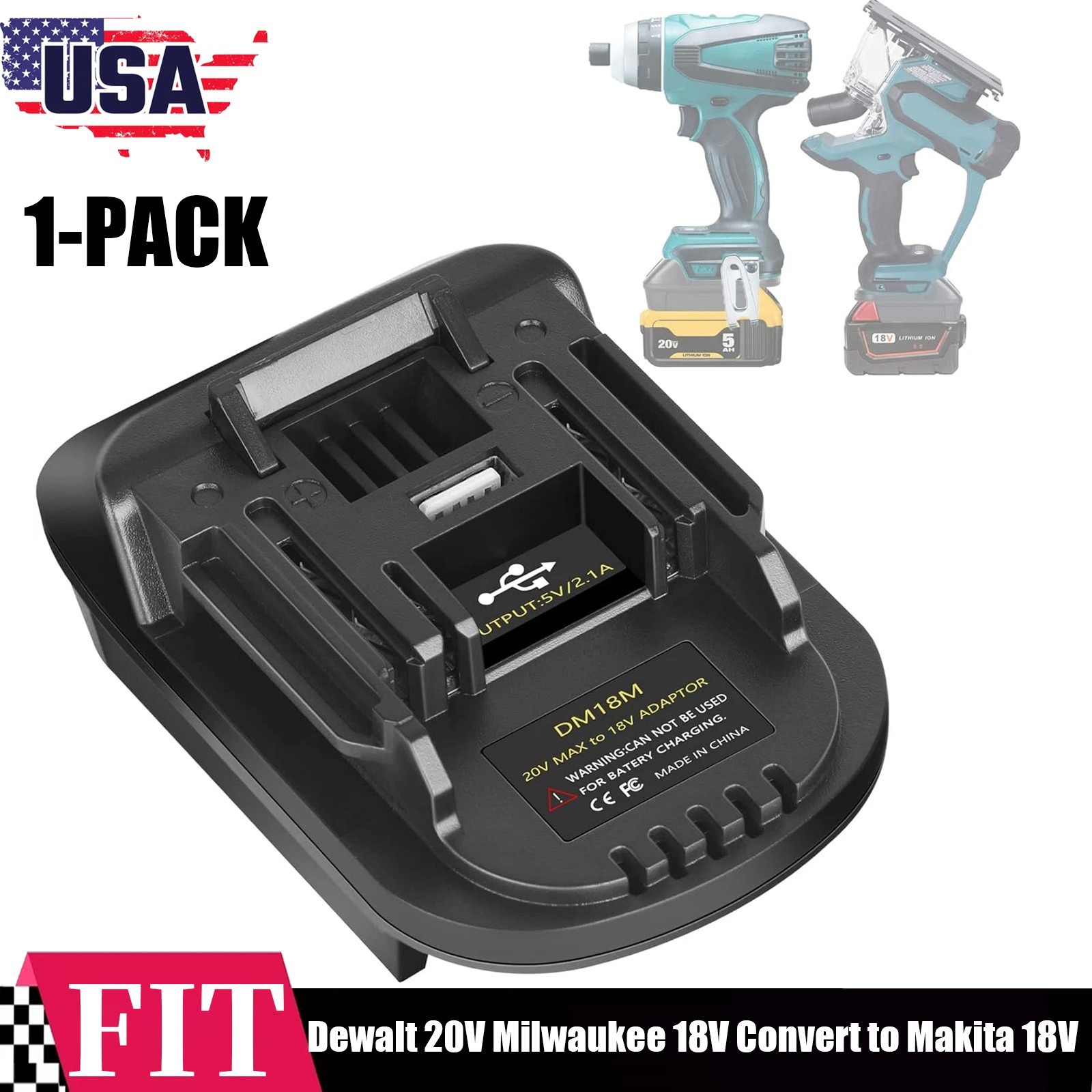 USB Battery Adapter Converter for Dewalt 20V Milwaukee 18V Convert to Makita 18V