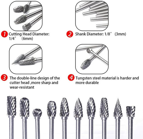 10PCS Rotary Burrs Tungsten Carbide Metal Steel Burr Drill Bits for Dremel Tool