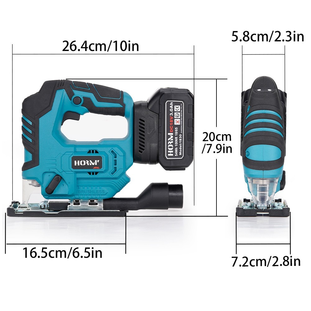 18V Cordless Jig Saw 3-Speed Variable Brushless Power Saw + 2 Batteries for Wood