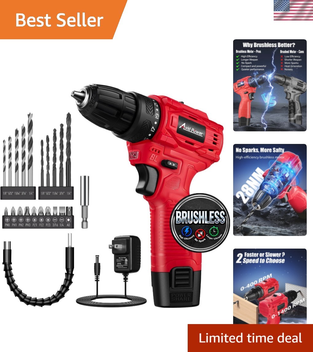Elite 12V Brushless Cordless Drill Set – 250 Inch Pounds Torque & Accessories