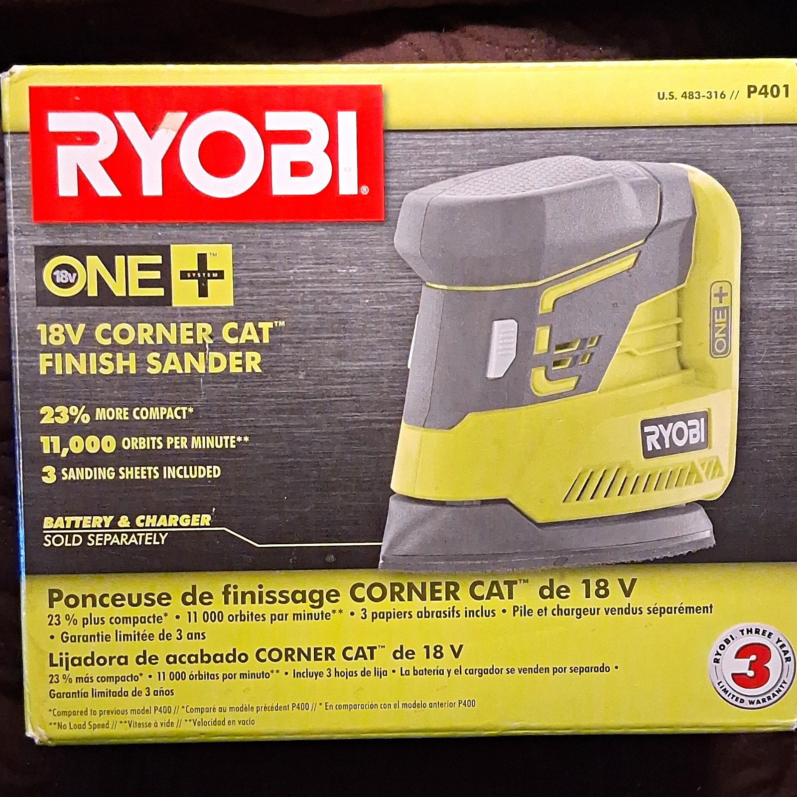 Ryobi ONE+ 18V Corner Cat Finish Sander P401 Orbital Tool Only w/ 3 Sheets