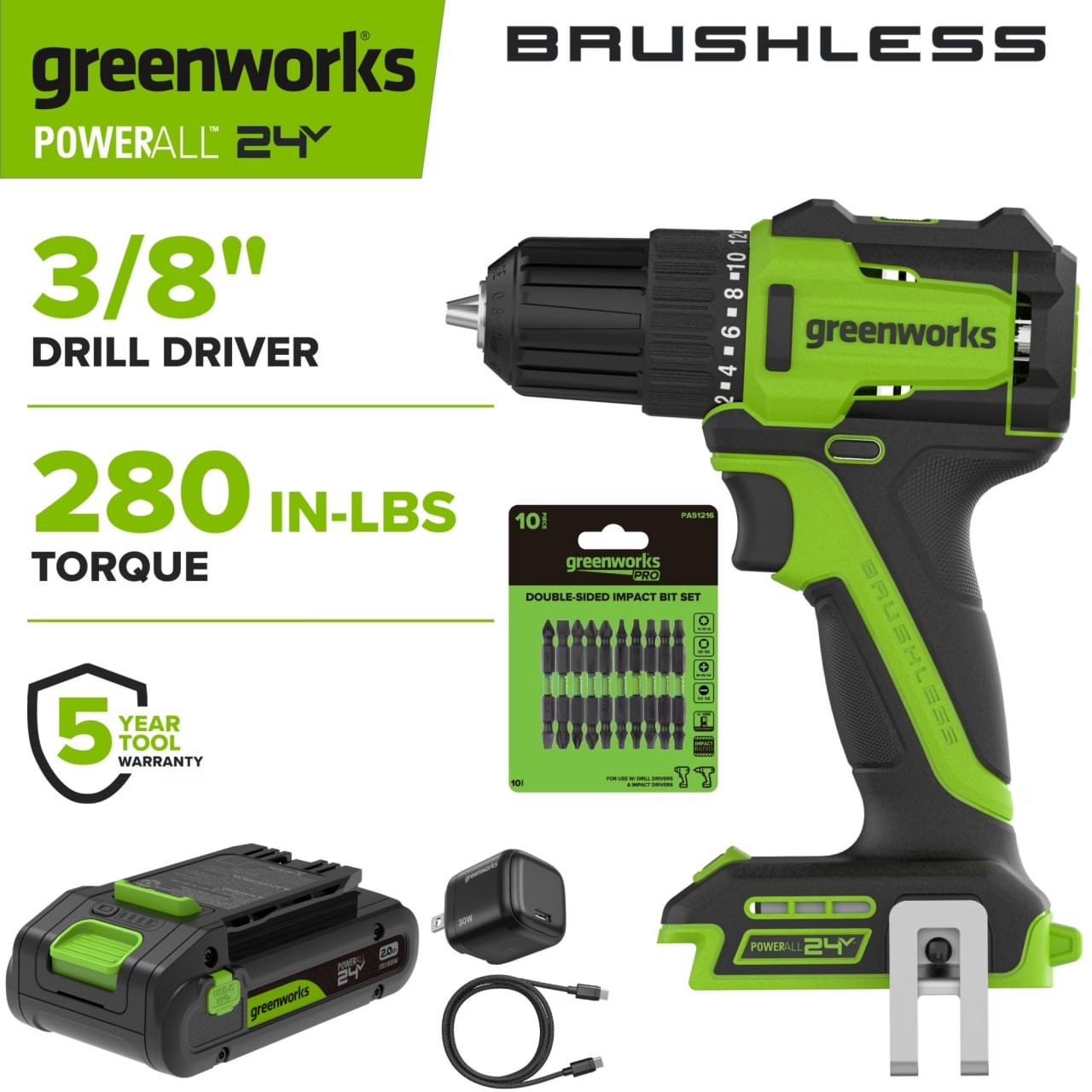 Greenworks 24V Brushless 3/8&Prime; Drill DD330A7 2Ah USB-C Battery 280 in-lb