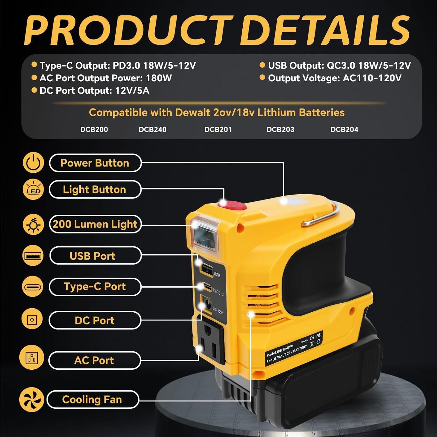 220W Power Inverter Compatible For Dewalt 20V Battery DC 20V to 110V AC USB-C PD