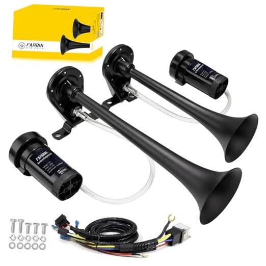 Dual Trumpet Air Horn, Train Horn for Truck with 2 Air Compressors 12V Black