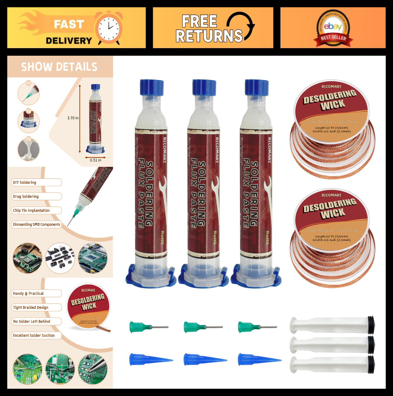 No Clean Soldering Flux & Desolder Wick Kit for Electronics Repair & Solder Remo