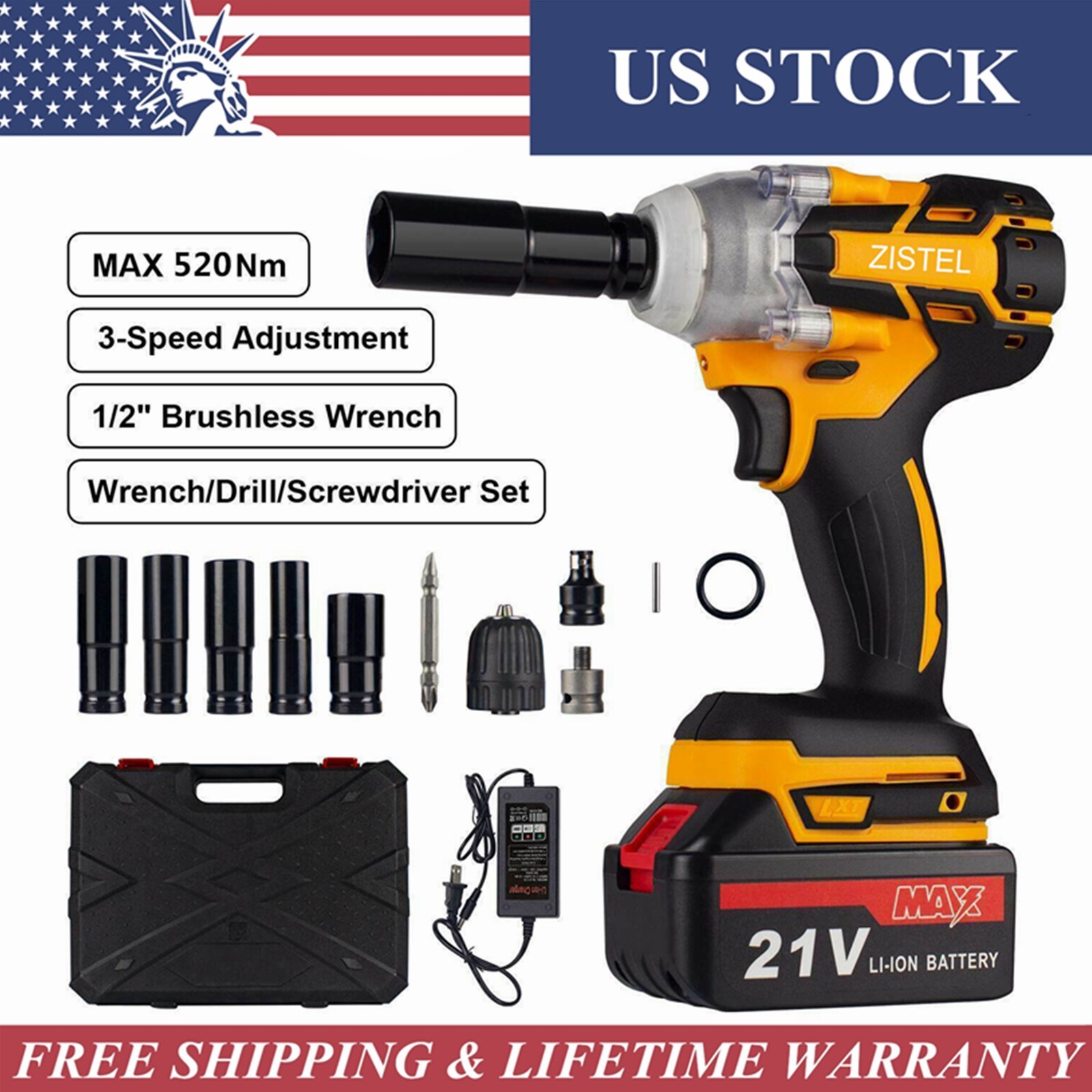 21V Cordless Impact Wrench 520Nm High Torque 1/2&Prime; Drill Brushless Power Tool Set