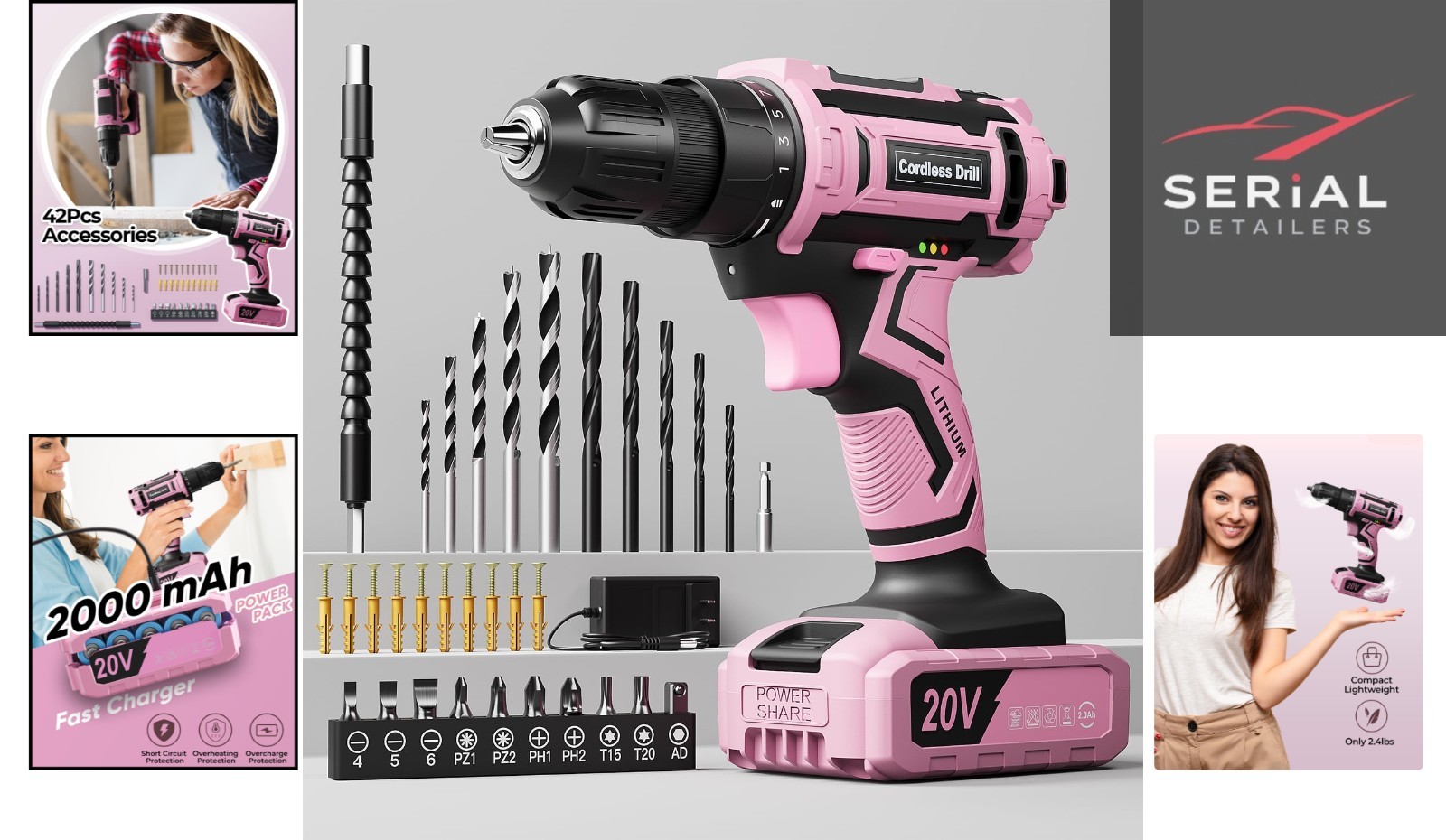 Versatile Pink Cordless Drill with LED Light & Keyless Chuck – Home Essentials