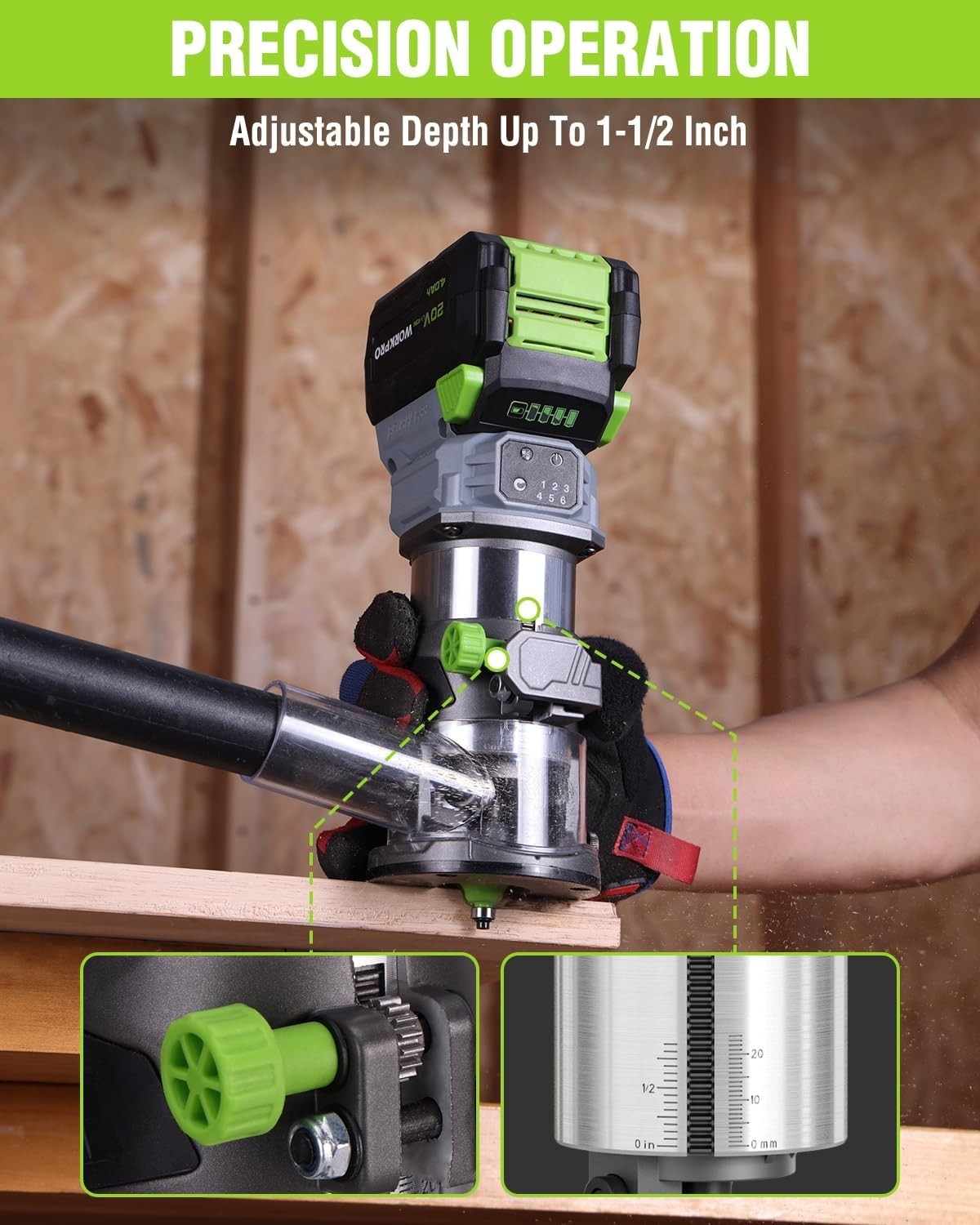 20V Lithium-Ion Cordless Router Tool with Precision Guides and Speed Control