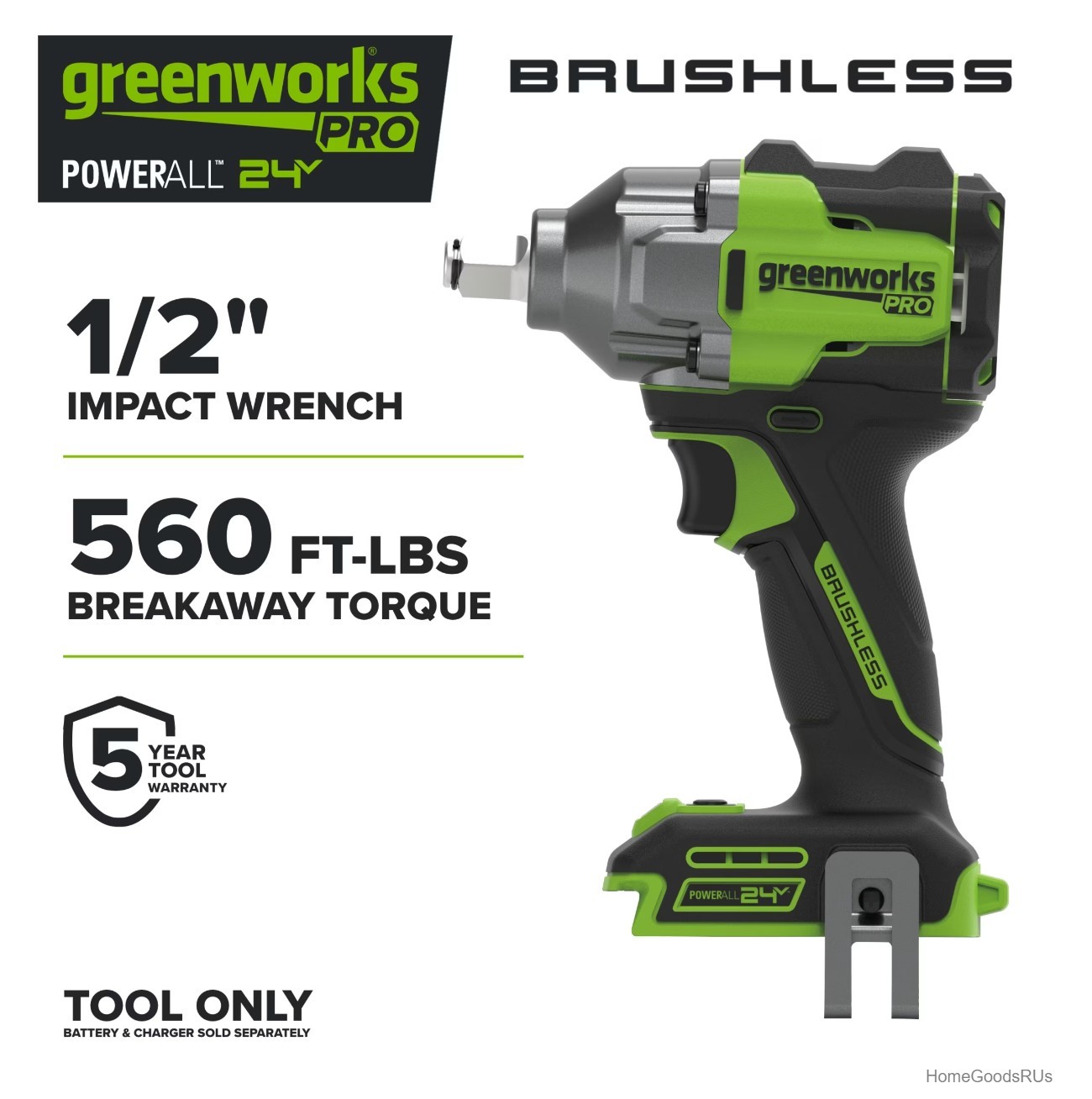 Cordless Impact Wrench 24V 400 Ft-lb Breakaway Torque 1/2 Inch Anvil Aluminum