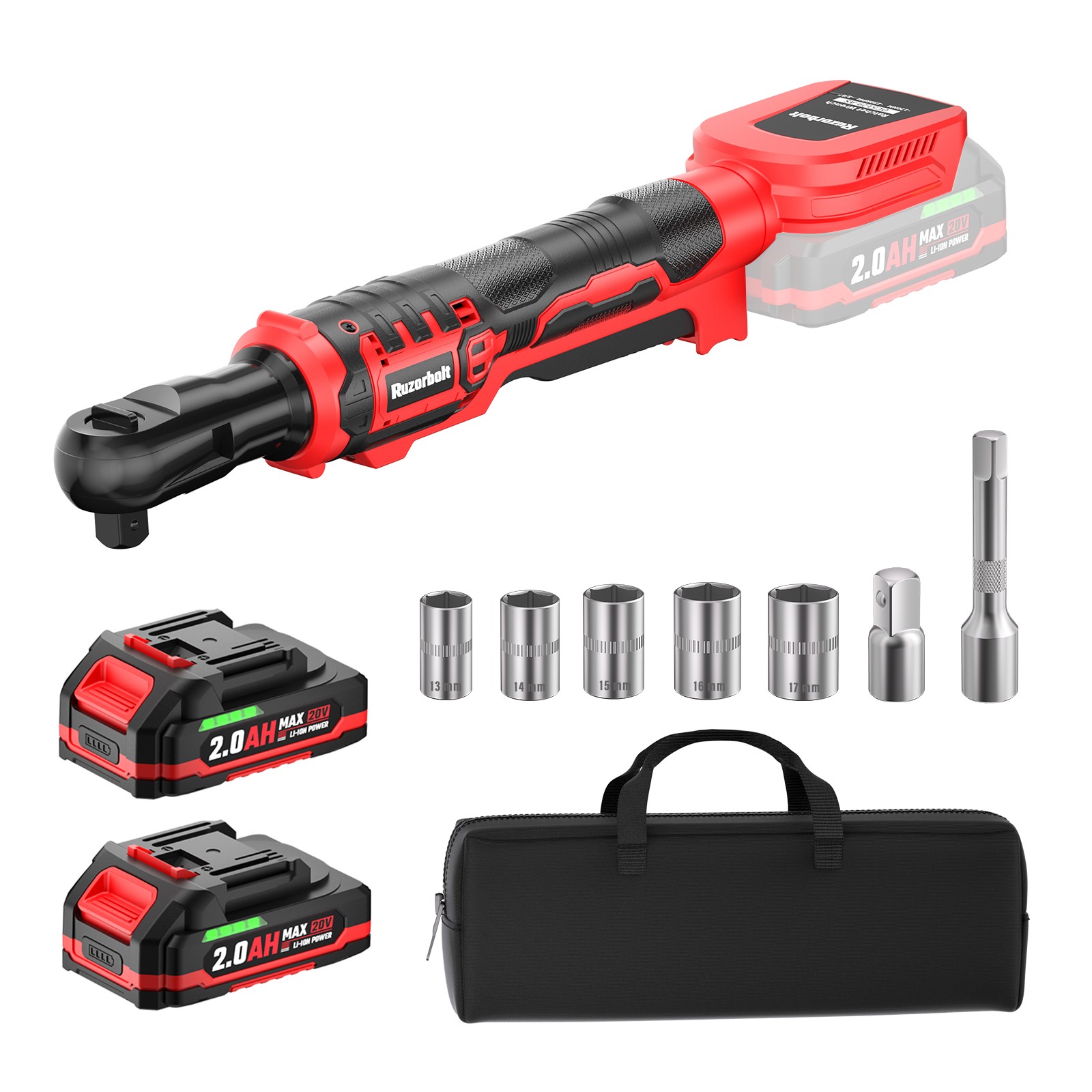 20V Brushless Cordless Ratchet Wrench 3/8&Prime; Drive 120Nm 2 Batteries & Kit