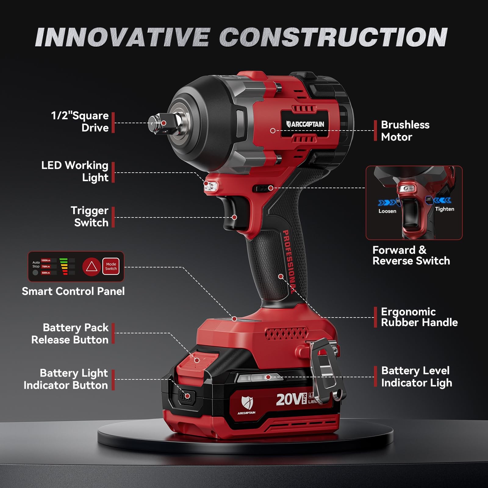 ARCCAPTAIN Cordless Impact Wrench, 1350N.m 1000Ft-lbs 1/2 High Torque Impact …
