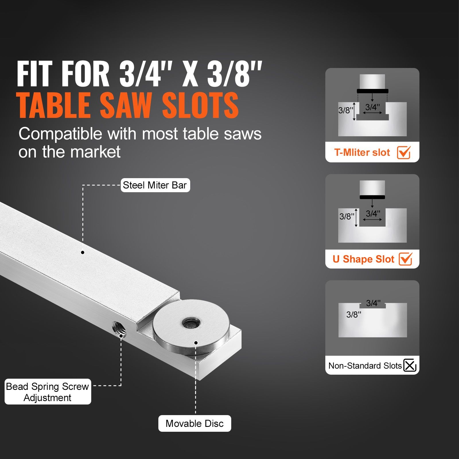 Aluminum Miter Gauge: 3/4&Prime;x3/8&Prime; Slot, 15 Angle Stops, 19-35in Grating