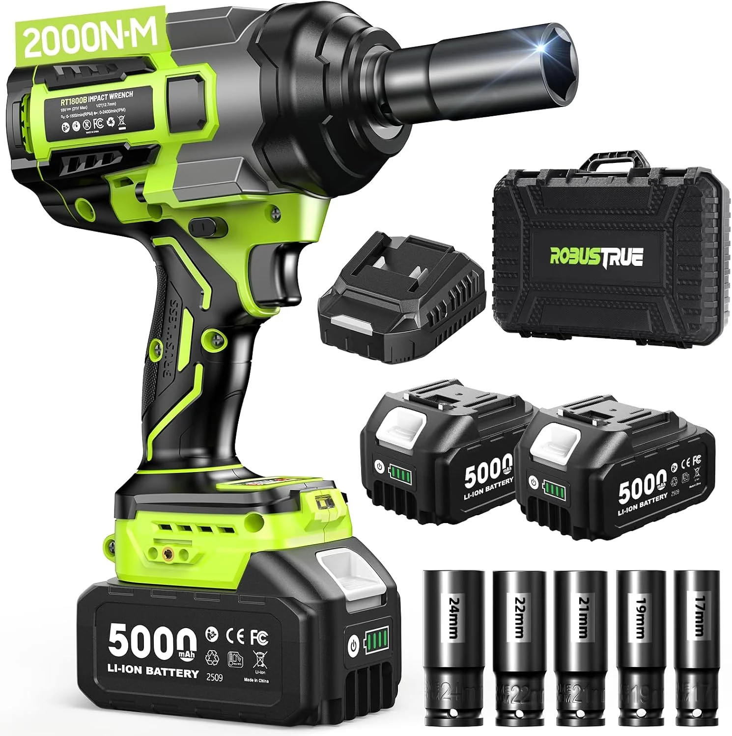 Robustrue Cordless Impact Wrench 1/2 Drive, 1475 Ft-lbs (2000N.m) High Torque Br