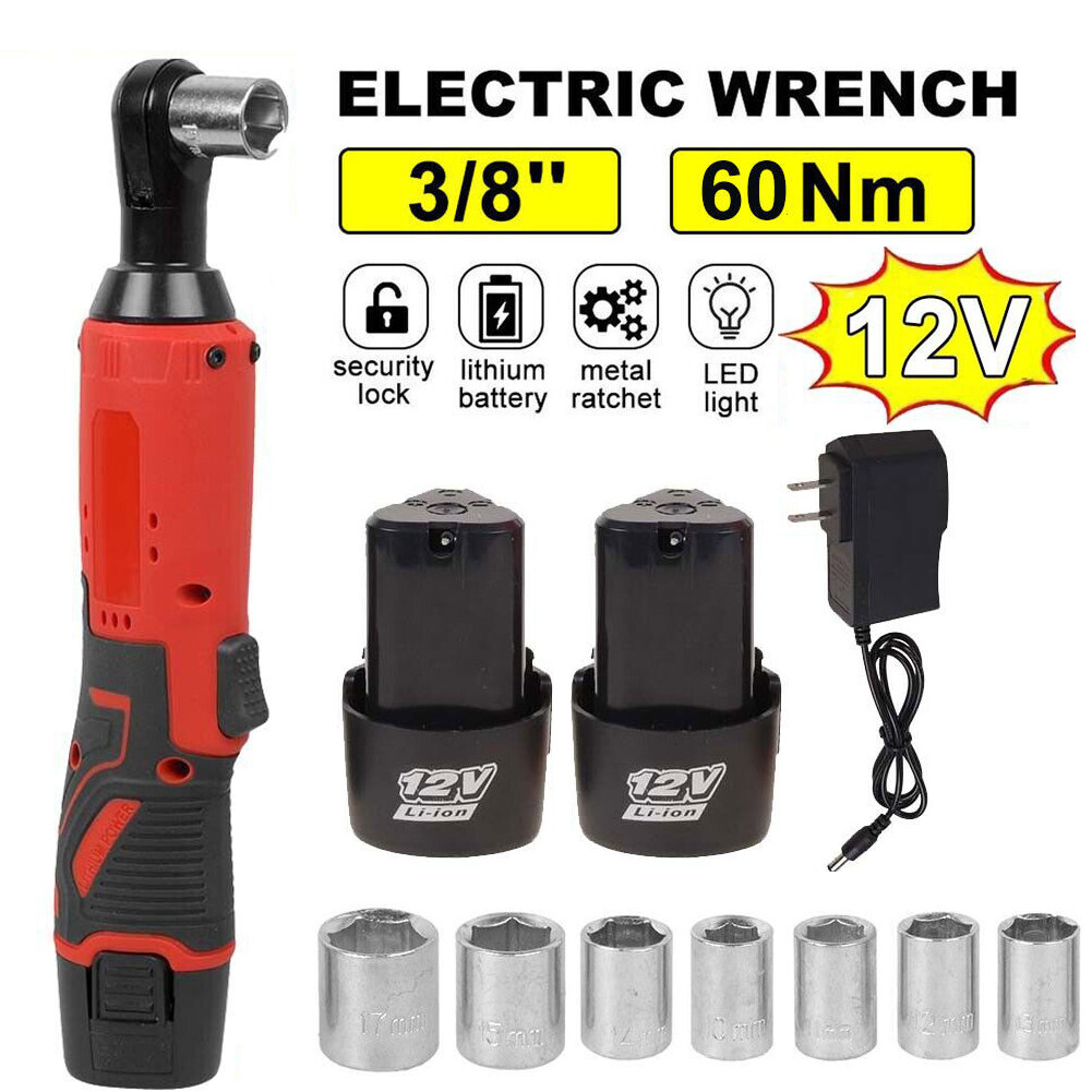 3/8 » Electric Cordless Ratchet Right Angle Wrench Impact Power Tool 2 Battery