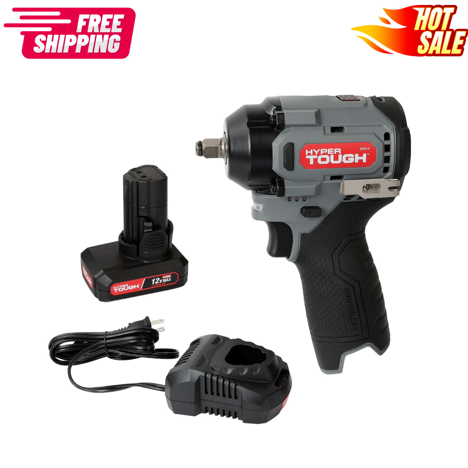 Hyper Tough 12V Max Brushless Impact Wrench 4.0Ah Battery 225 ft-lbs Torque