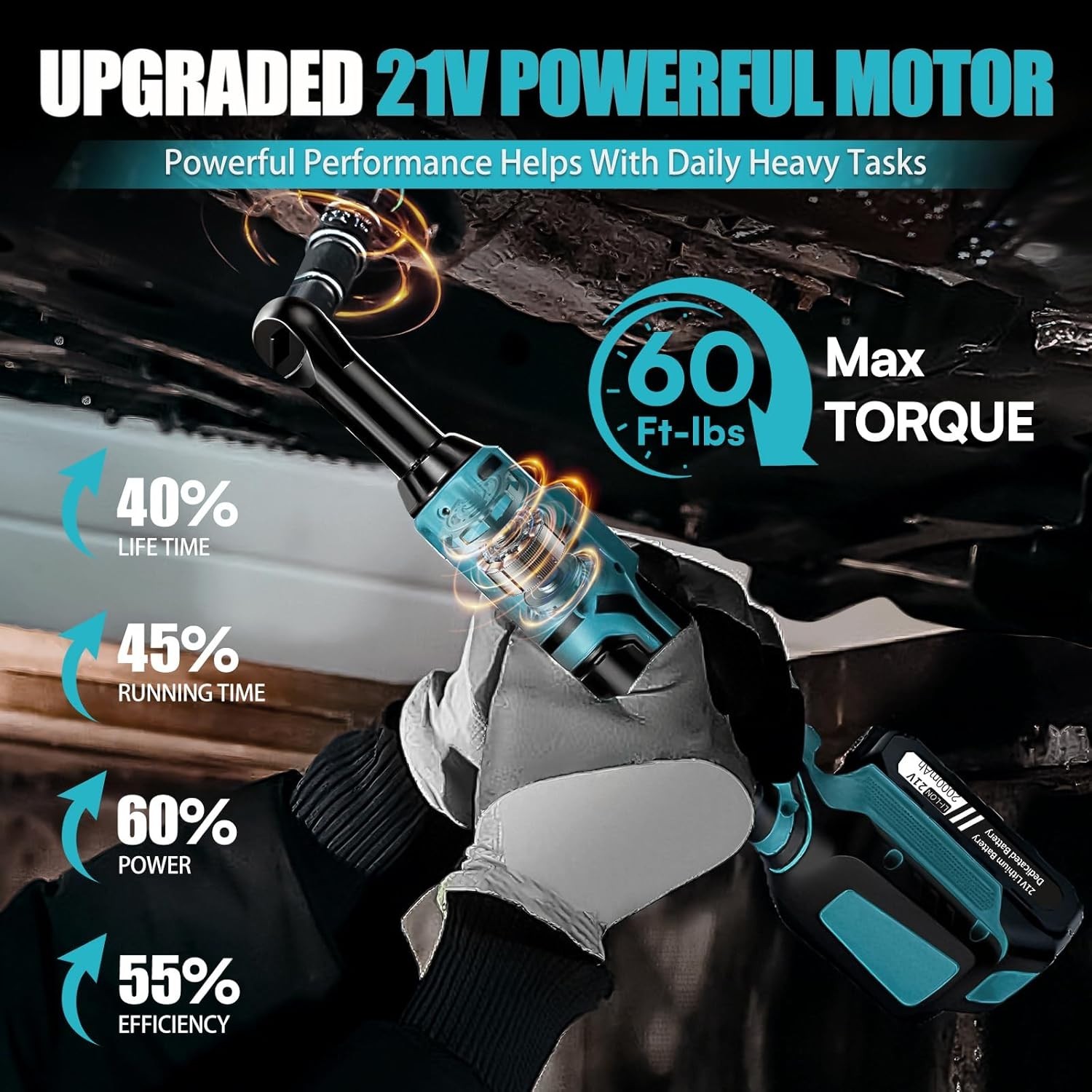Cordless Ratchet Wrench 60 ft lbs 21V Electric 17mm Socket Seesii Led