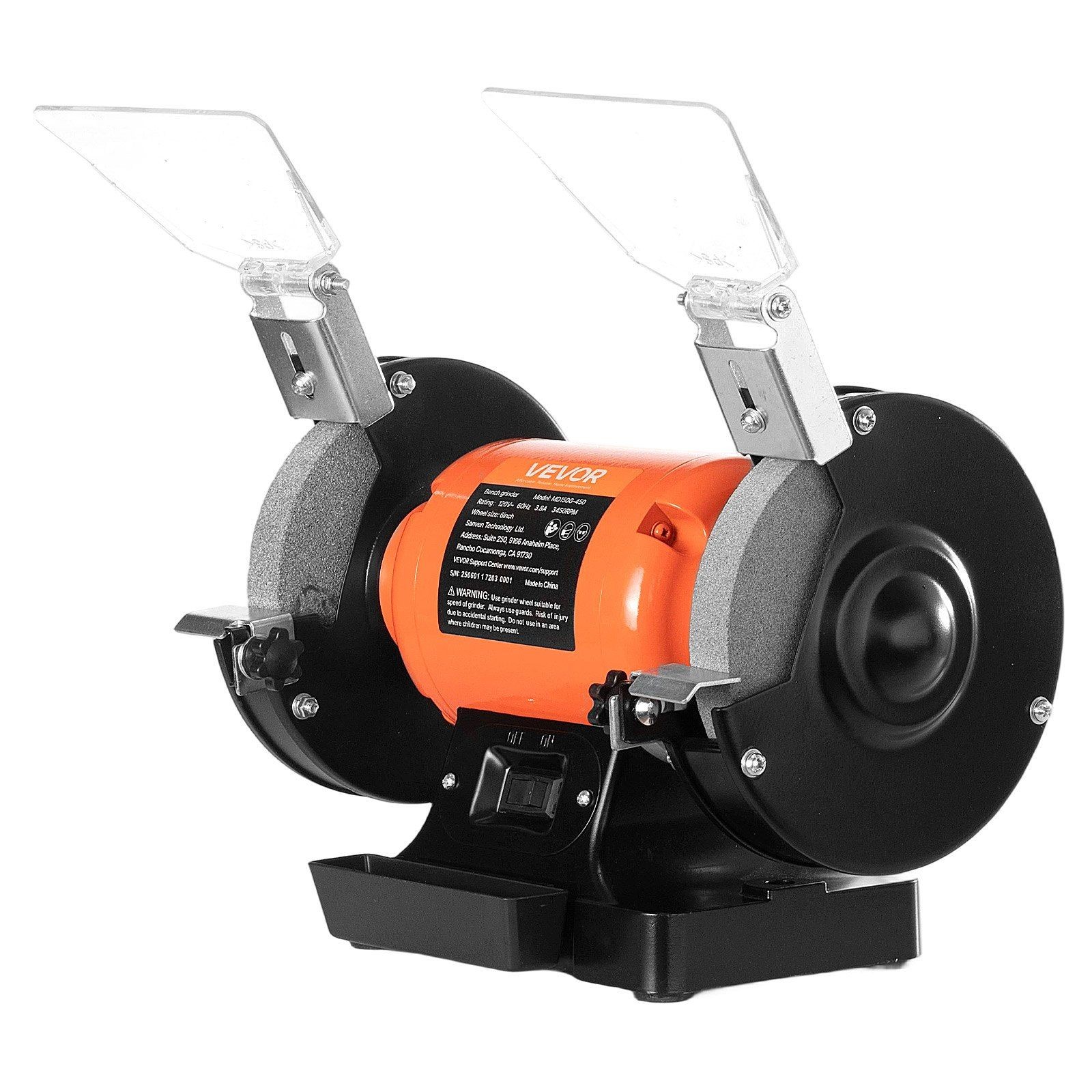 6-Inch Bench Grinder — 450W, 3450RPM, Fused Alumina Wheels, Tool Rest & Shield