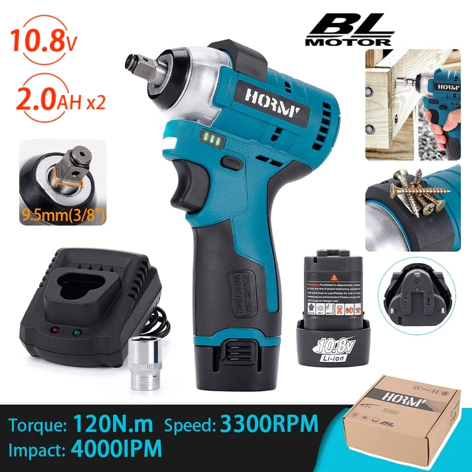 2000mAh High Torque 3/8&Prime; Impact Wrench Brushless Cordless Drill Kit + 2 Battery