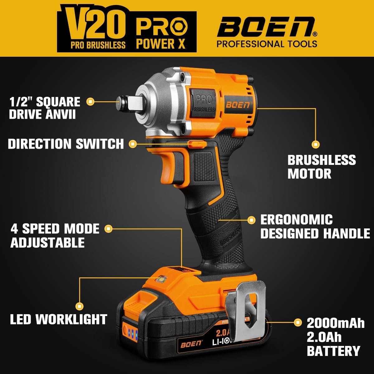 boen Cordless Impact Wrench 1/2 inch, 260FT-LBS, Brushless 2500RPM IW-79 Battery