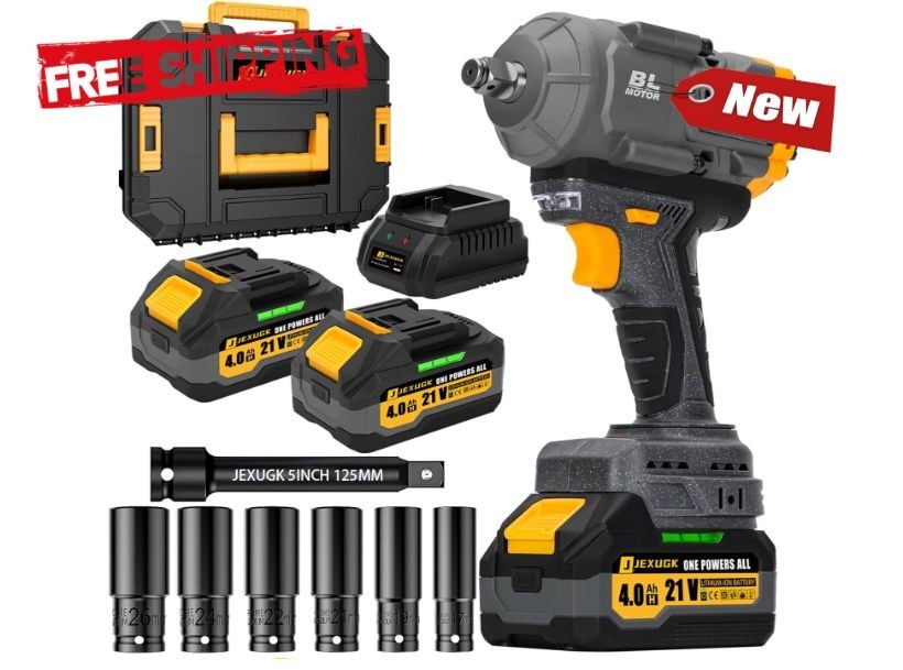 Llave impacto 1500Nm 21V con 2 baterías 4.0Ah y 6 vasos alta potencia. NUEVO