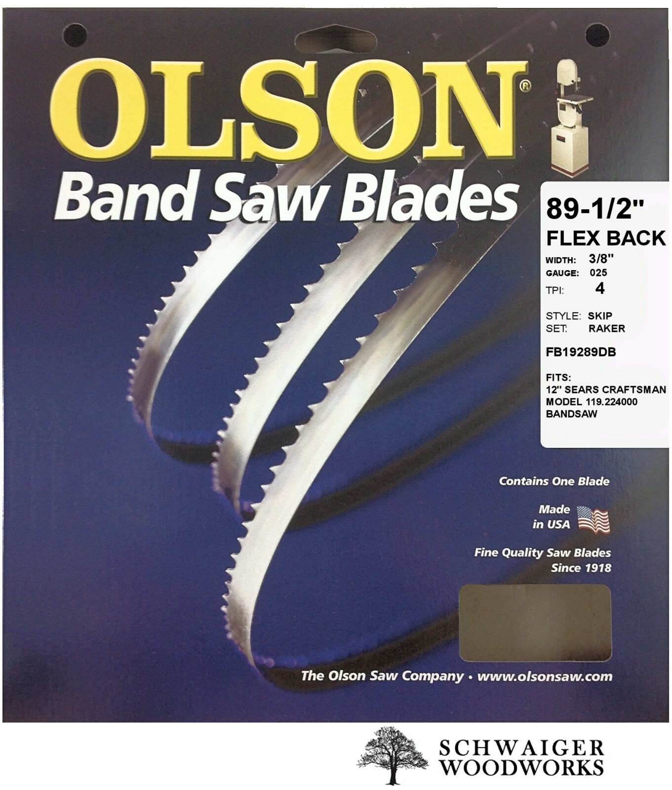 Olson Flex Back Band Saw Blade 89-1/2&Prime; inch x 3/8&Prime;, 4 TPI, Craftsman 119.224000