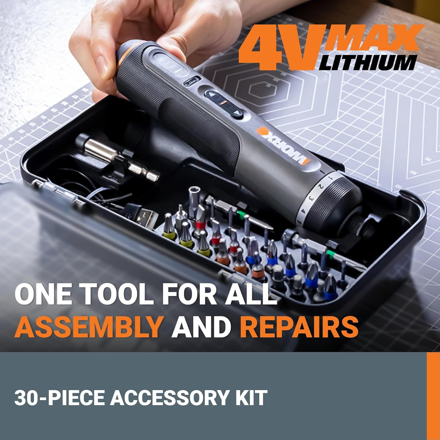 WX242L 4V Lithium Screwdriver – 30-Piece Accessory Kit – Cordless Electric Drive