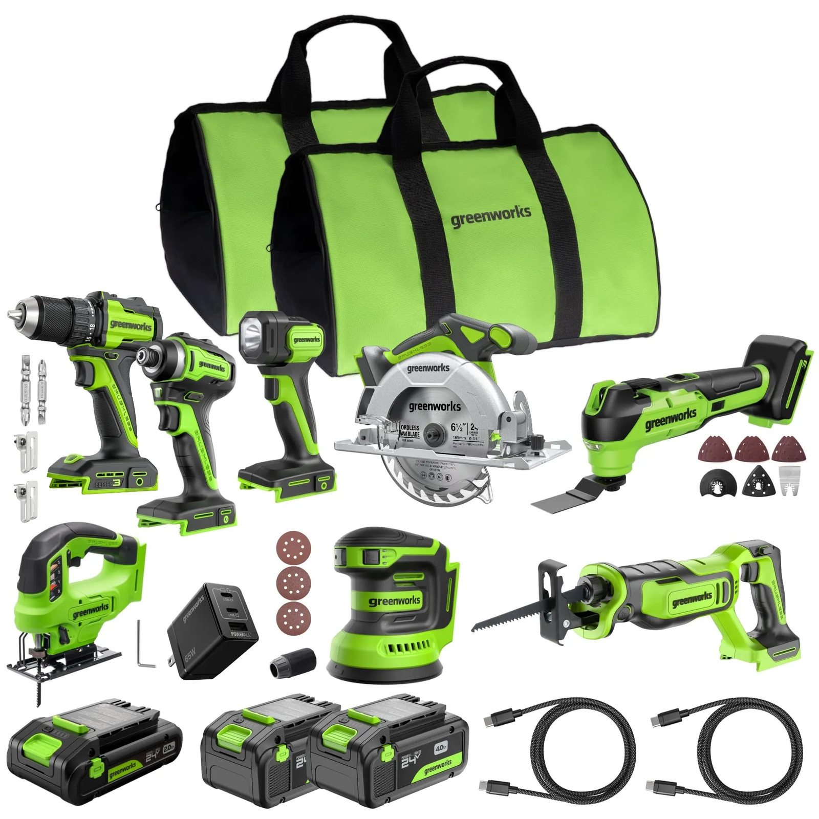 Greenworks 24V Cordless 8-Tool Combo Kit Drill Impact Driver Saws Jigsaw More