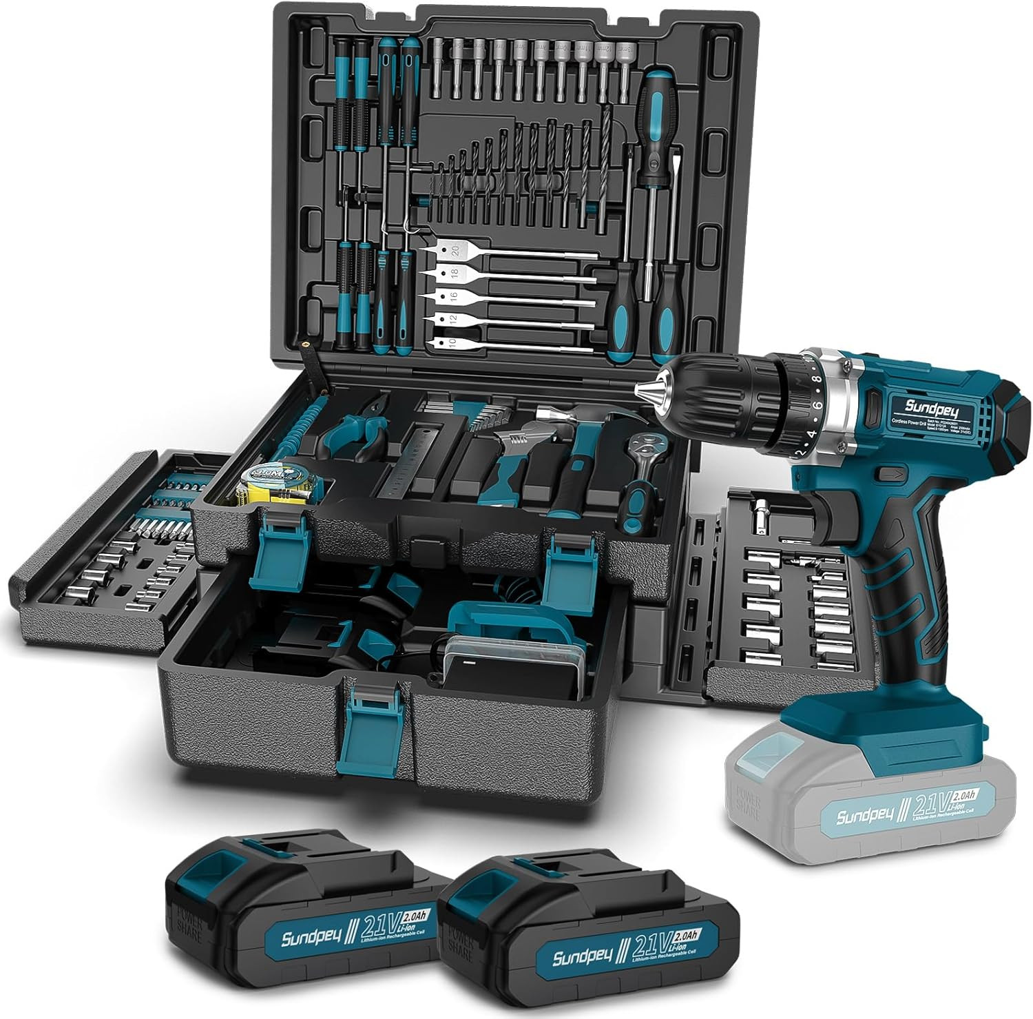 Tool Kit with 21V Cordless Drill – Sundpey 255-Pcs Portable Complete General Bas