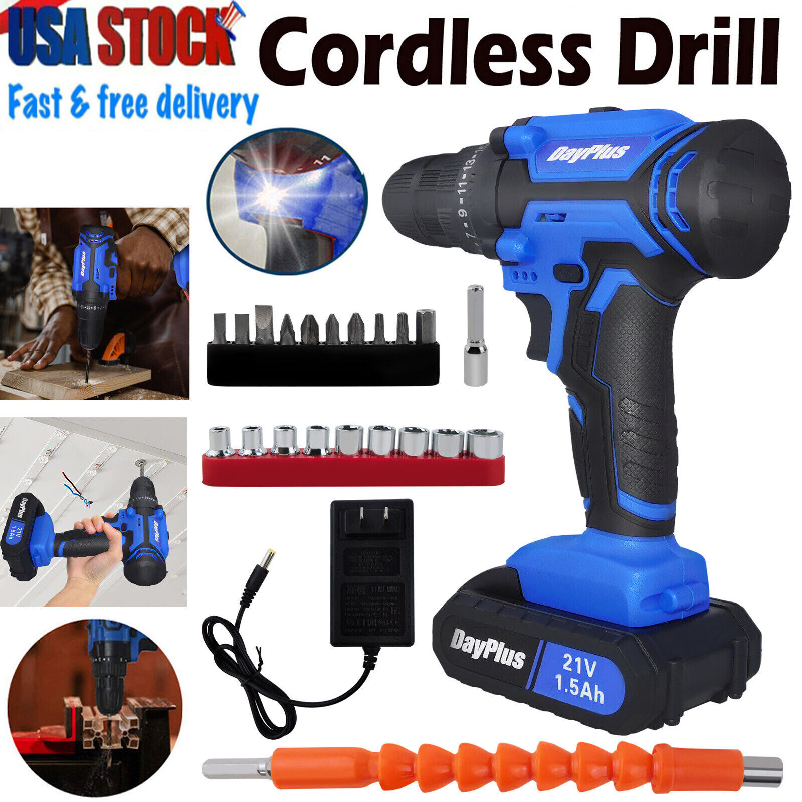 Heavy Duty 21V Cordless Combi Drill Driver Screwdriver Dual Speed Drills Light