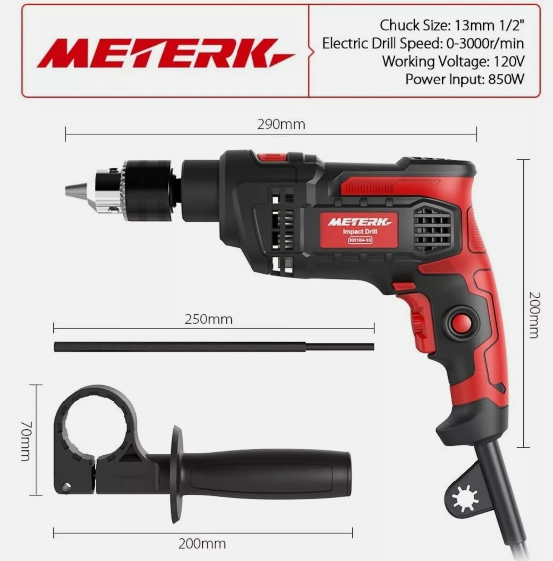 Hammer Drill 850W Impact Drill 1/2-Inch 7 Amp Corded Drill with Variable Speed