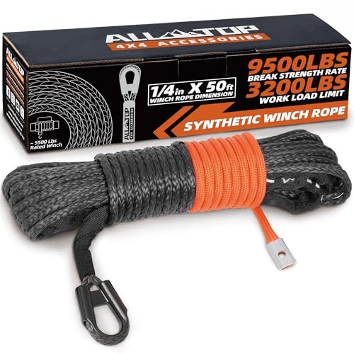 1/4in x 50ft, 9500Lbs BSR, for 5500Lbs winch Gray, Rope for ATV & UTV