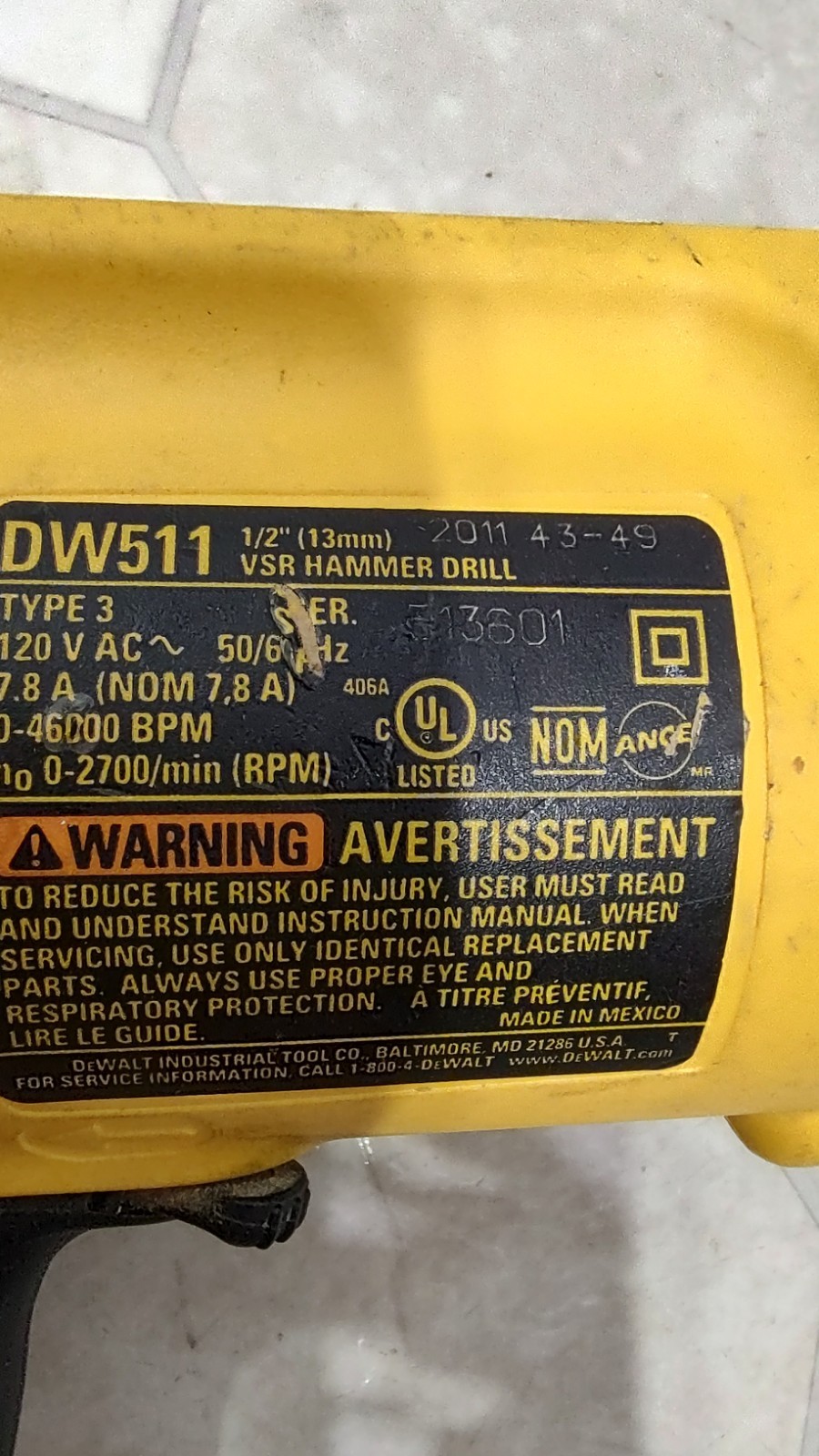 DEWALT DW511 120V 7.8A 1/2&Prime; 13mm VSR Single Speed Corded Hammerdrill Tested(Vid)