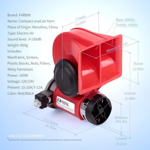 Compact Air Horn with Compressor Electric Car Horn 150db Super Loud 12V red
