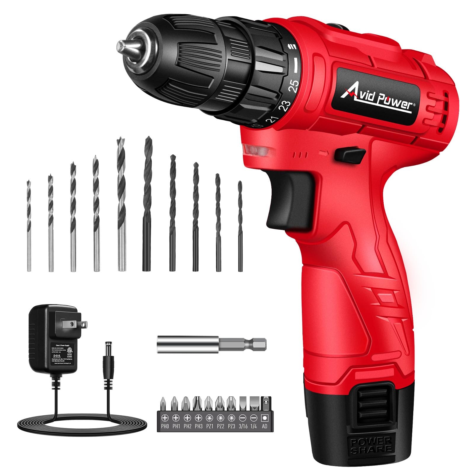 12V Cordless Drill 3/8Inch Keyless Chuck 1400 RPM 25+1 Torque 21 PCS Bits
