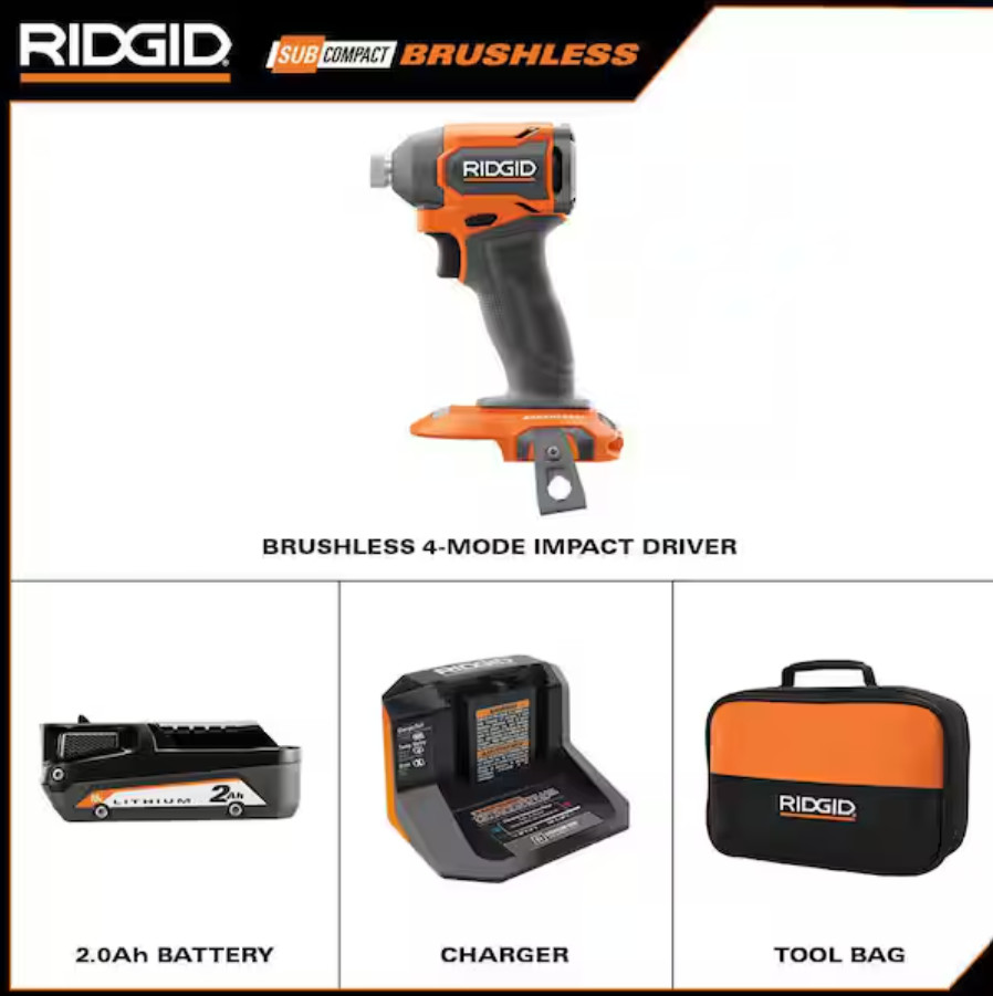 RIDGID 18V SubCompact Brushless Cordless Impact Driver Kit (with 2.0 Ah Battery)
