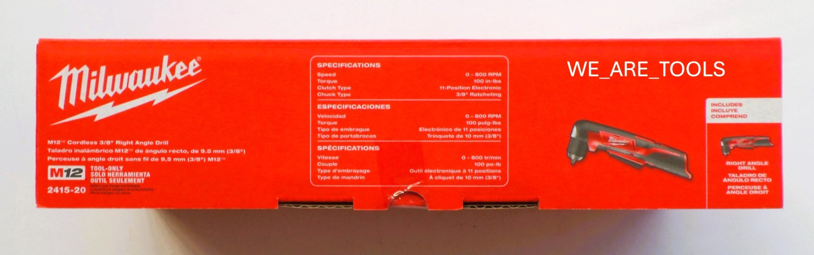 New In Box Milwaukee 2415-20 M12 3/8&Prime; Right Angle Drill, 2) 1.5 Ah Battery 12V