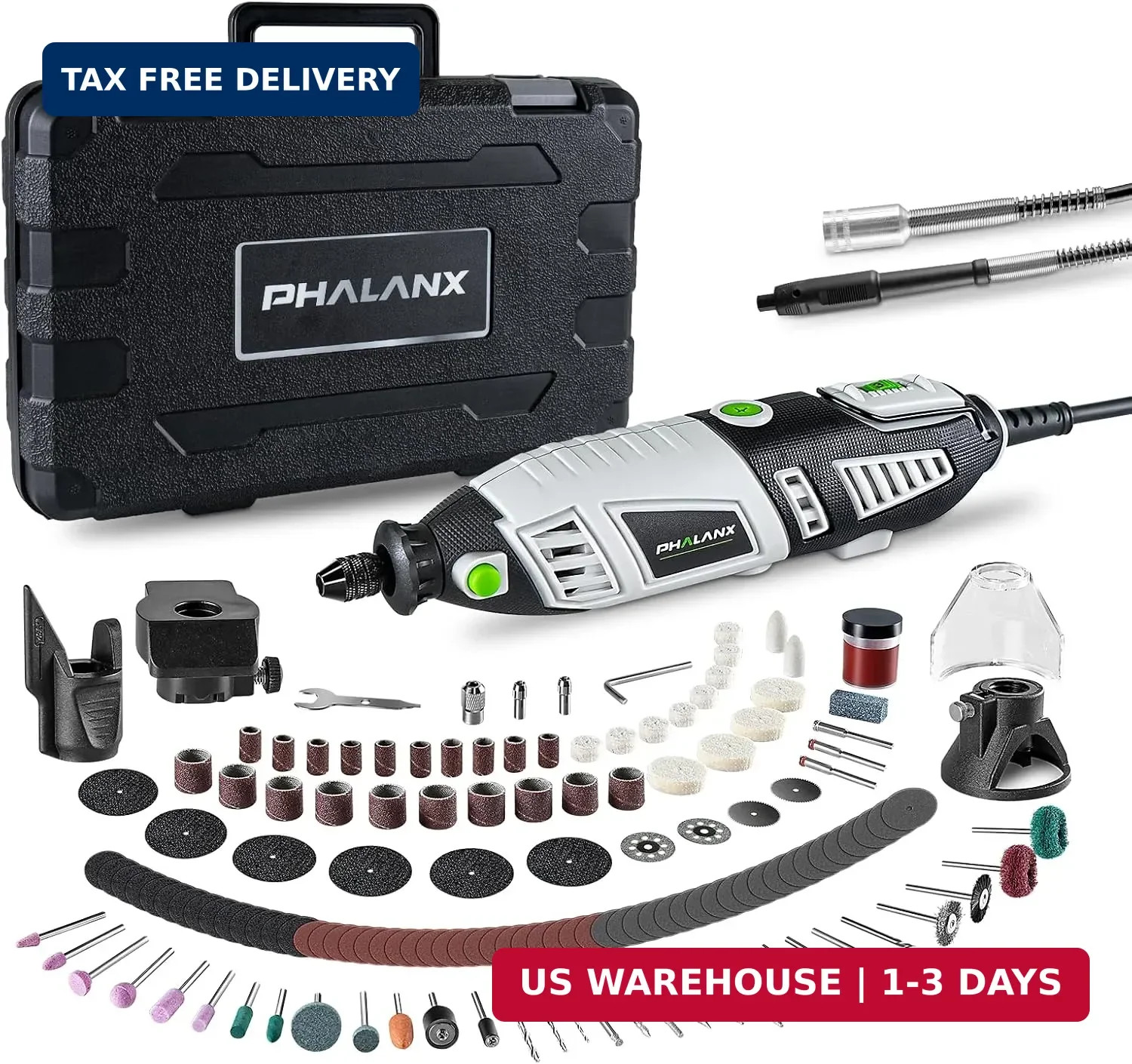 PHALANX 180W Rotary Tool Kit, 1.5-Amp 6 Variable Speed with Flex Shaft, 8000-350
