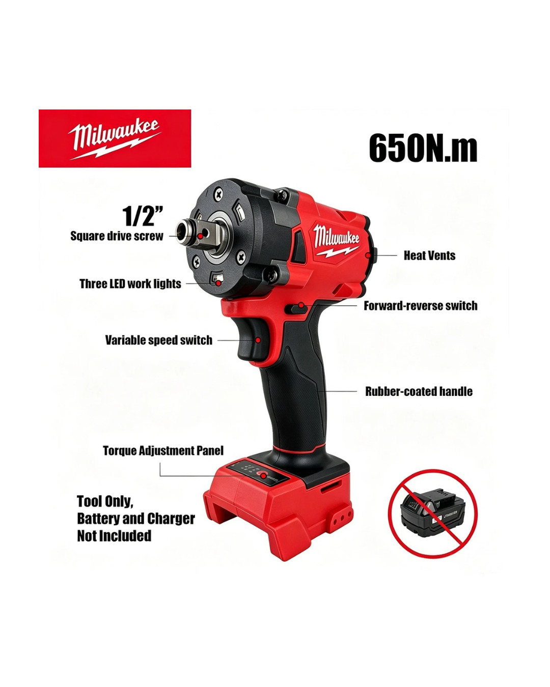 Milwaukee 1/2&prime; M18 FUEL Brushless Cordless Impact Wrench 650N.m 3500RPM with 3 L