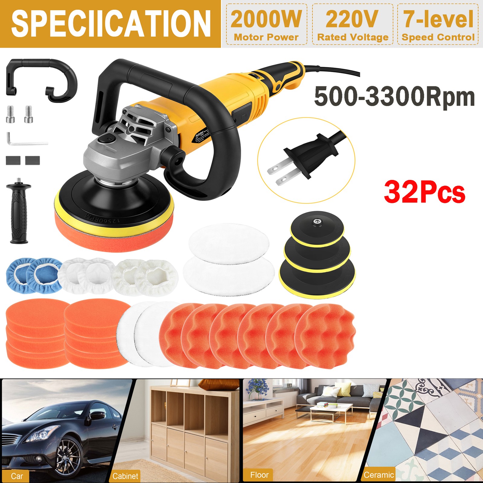🧡2000W Rotary Car Polisher Buffer Sander w/ 5&Prime; 6&Prime;7&Prime;Polishing Machine Waxer Pad