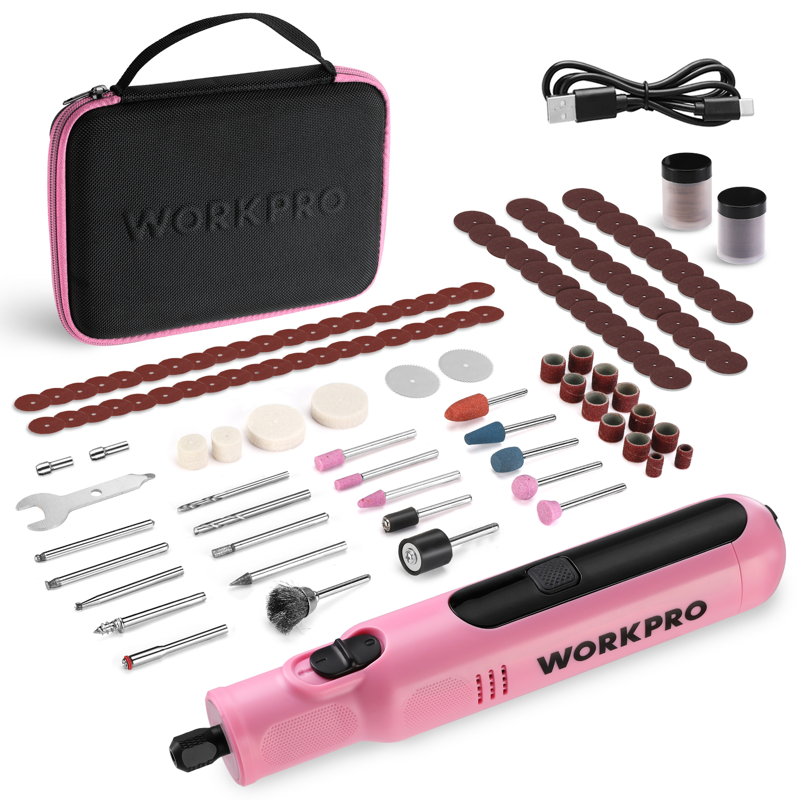 WORKPRO Cordless Rotary Tool, 8V Rotary Tool Kit with 117 Accessories-Pink