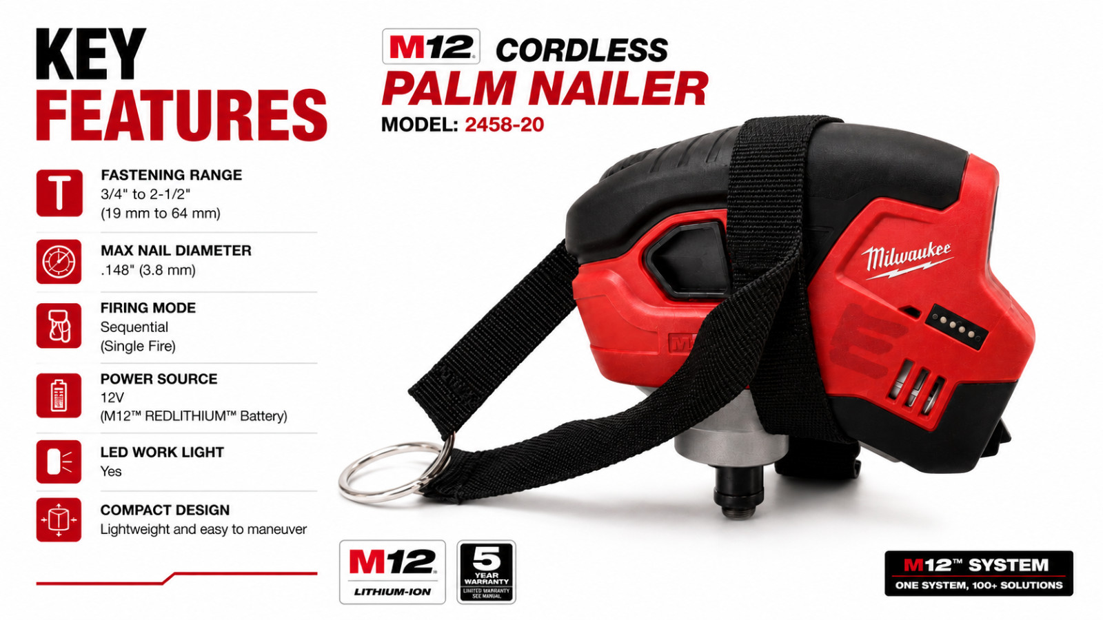 Milwaukee M12 2458-20 Cordless Palm Nailer w/ XC 3.0 Battery Tested No Charger