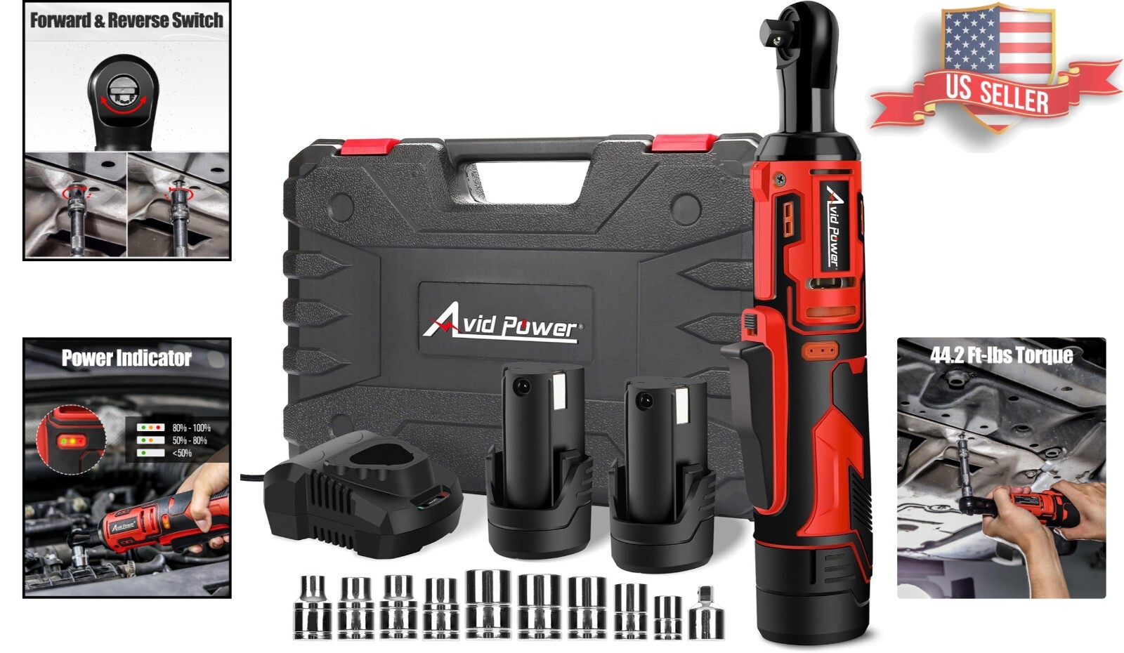 Powerful Cordless Ratchet Wrench 3/8” – Two Batteries & LED Light Included