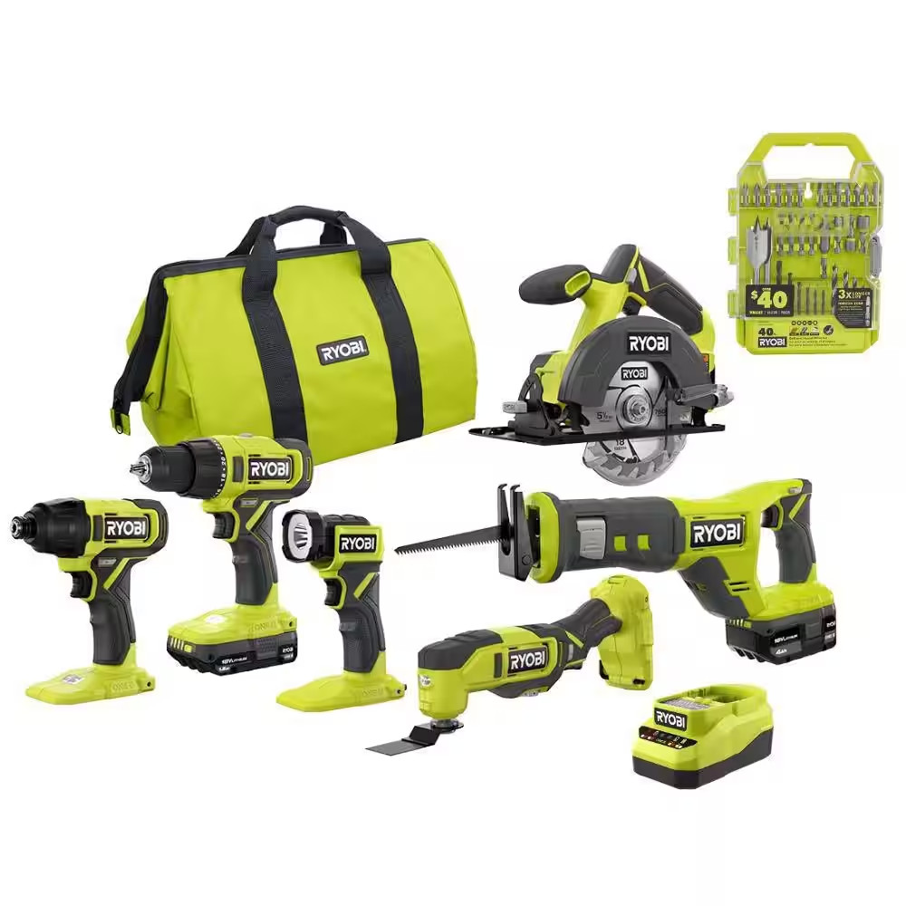 ONE+ 18V Cordless 6-Tool Combo Kit with 1.5 Ah Battery, 4.0 Ah Battery, Charger,
