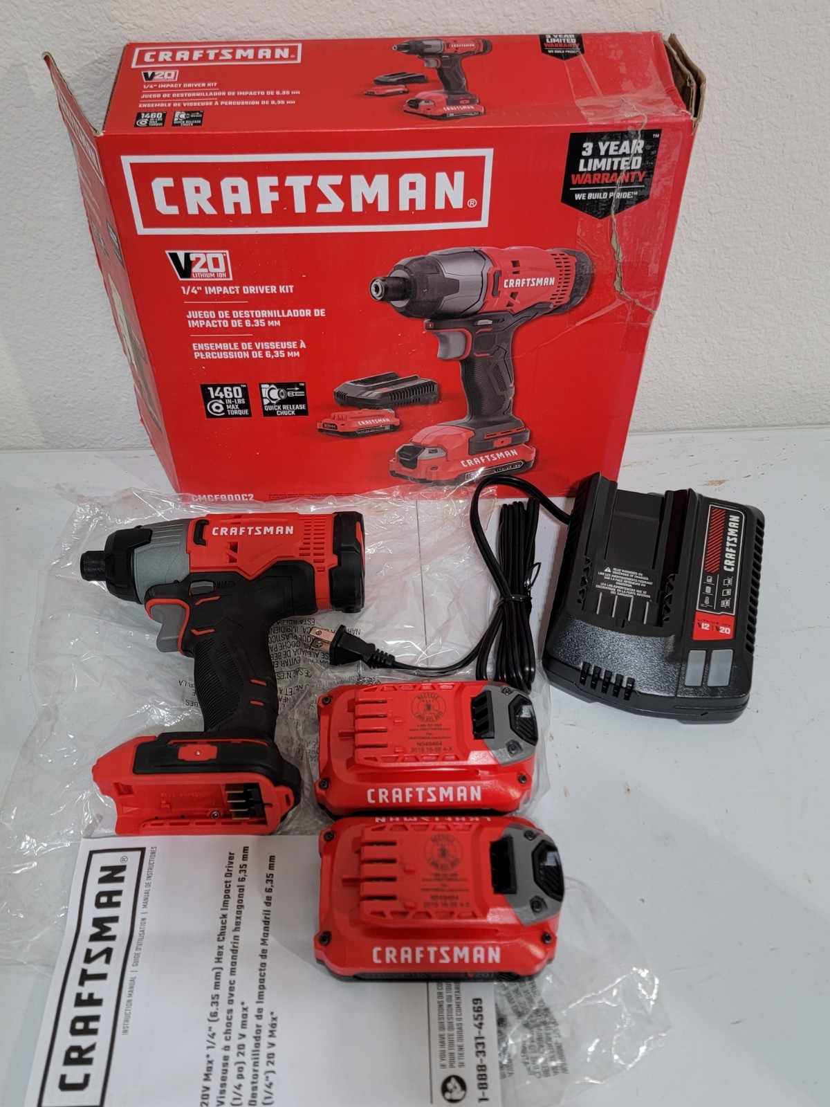 CRAFTSMAN V20 Cordless 1/4-in Impact Driver Kit 2 Batteries & Charger CMCF800C2
