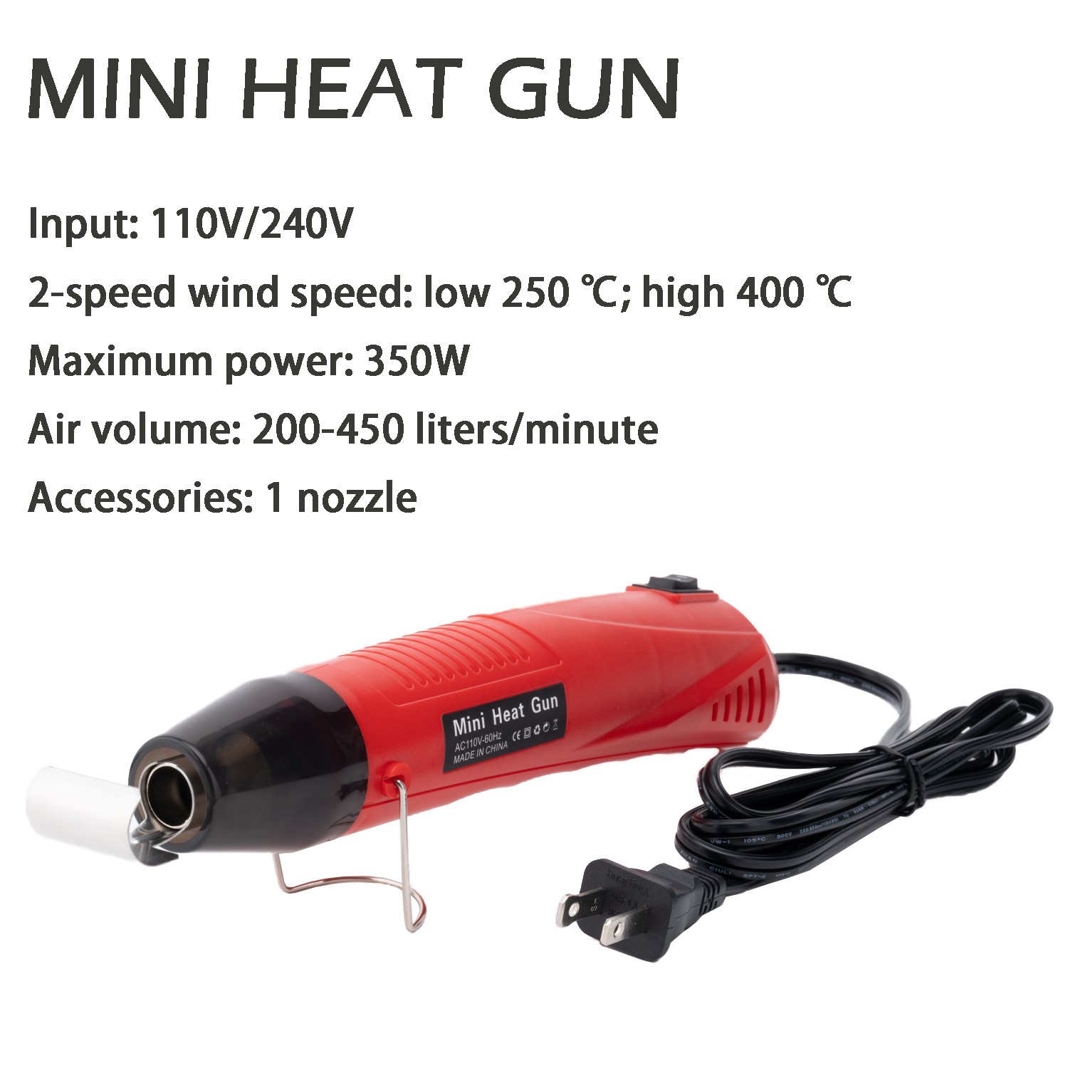 Mini Heat Gun 350W Dual Temperature Control 482°F-752°F with Nozzle For Crafting