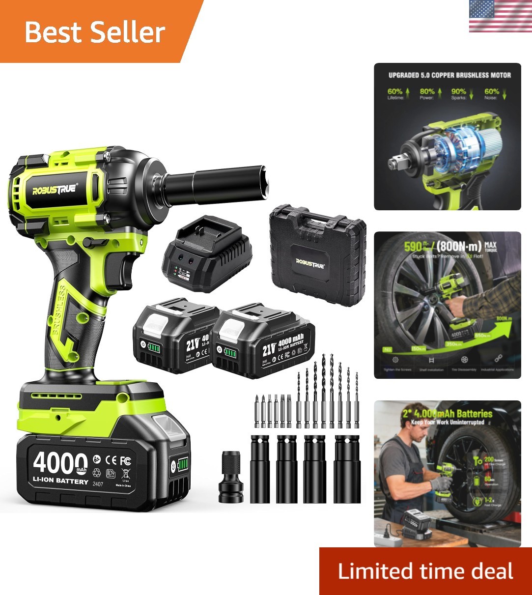 Cordless Impact Wrench, 590Ft-lbs 800N.m Brushless 1/2 inch, 2800RPM High Tor…
