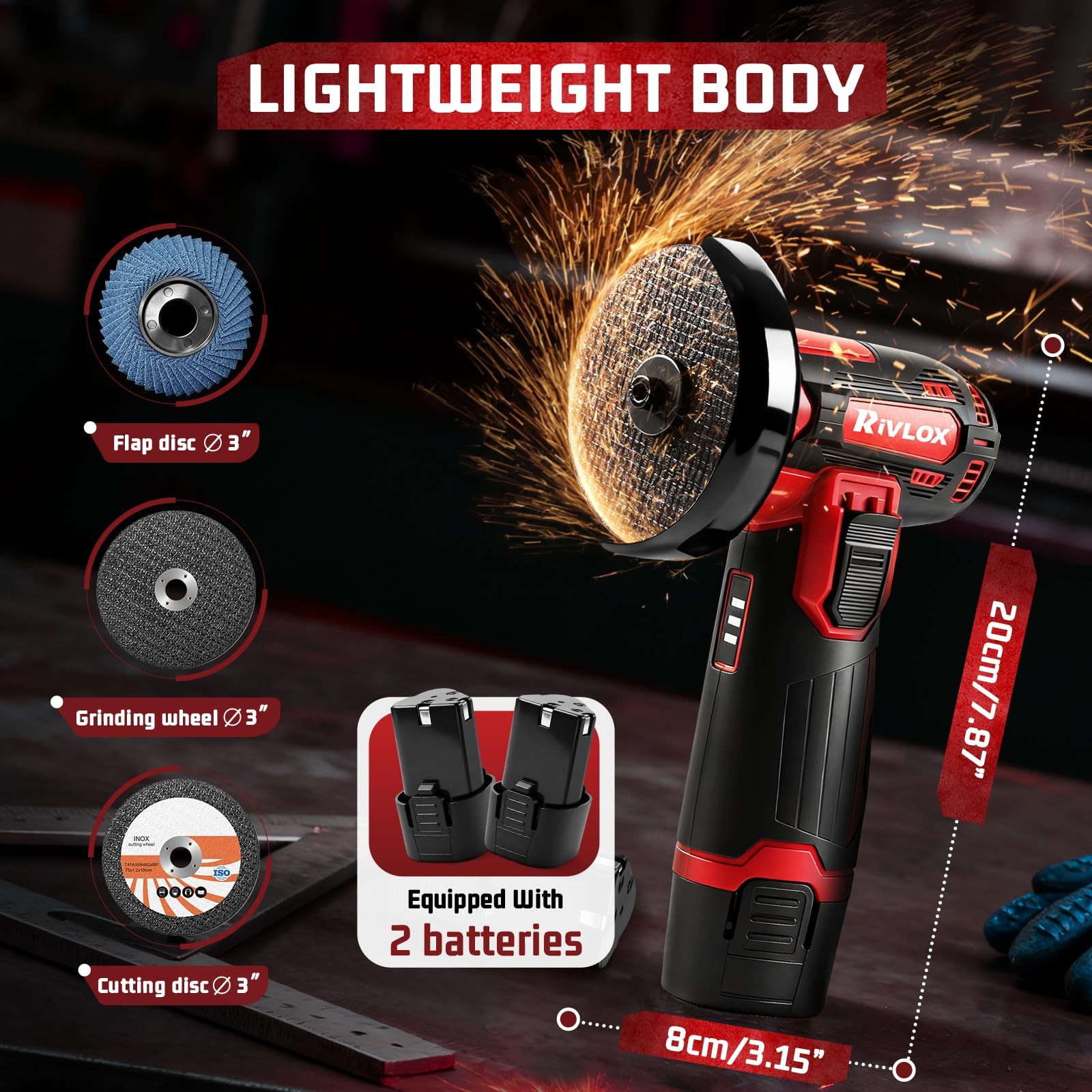 3-inch Mini Cordless Angle Grinder 12V with 2x 1.5Ah Battery & 5 Cutting Discs