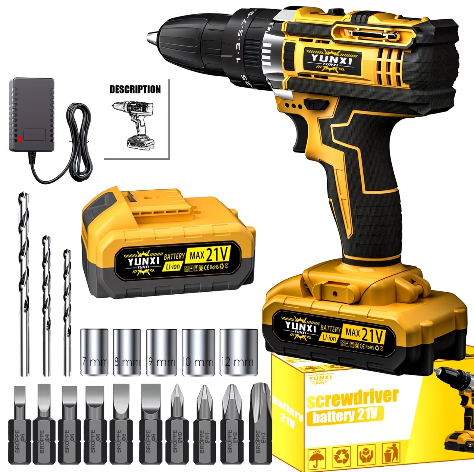 21V Cordless Impact Wrench Wireless Drill Set Electric Impact Gun Drill 4000mAh