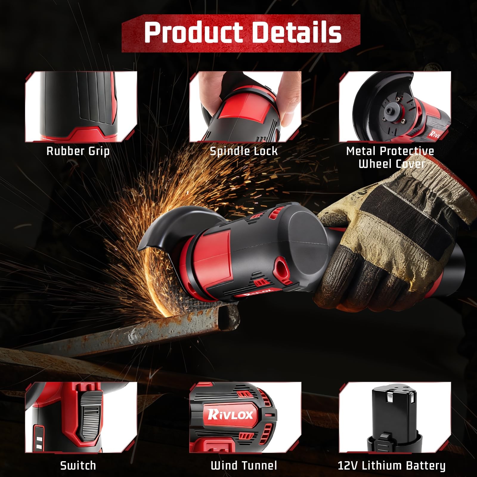 3-inch Mini Cordless Angle Grinder 12V with 2x 1.5Ah Battery & 5 Cutting Discs