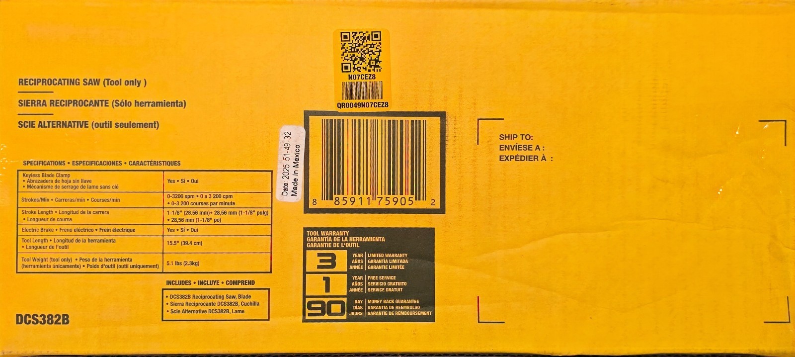 DEWALT 20V MAX XR Brushless Reciprocating Saw DCS382B Yellow/Black